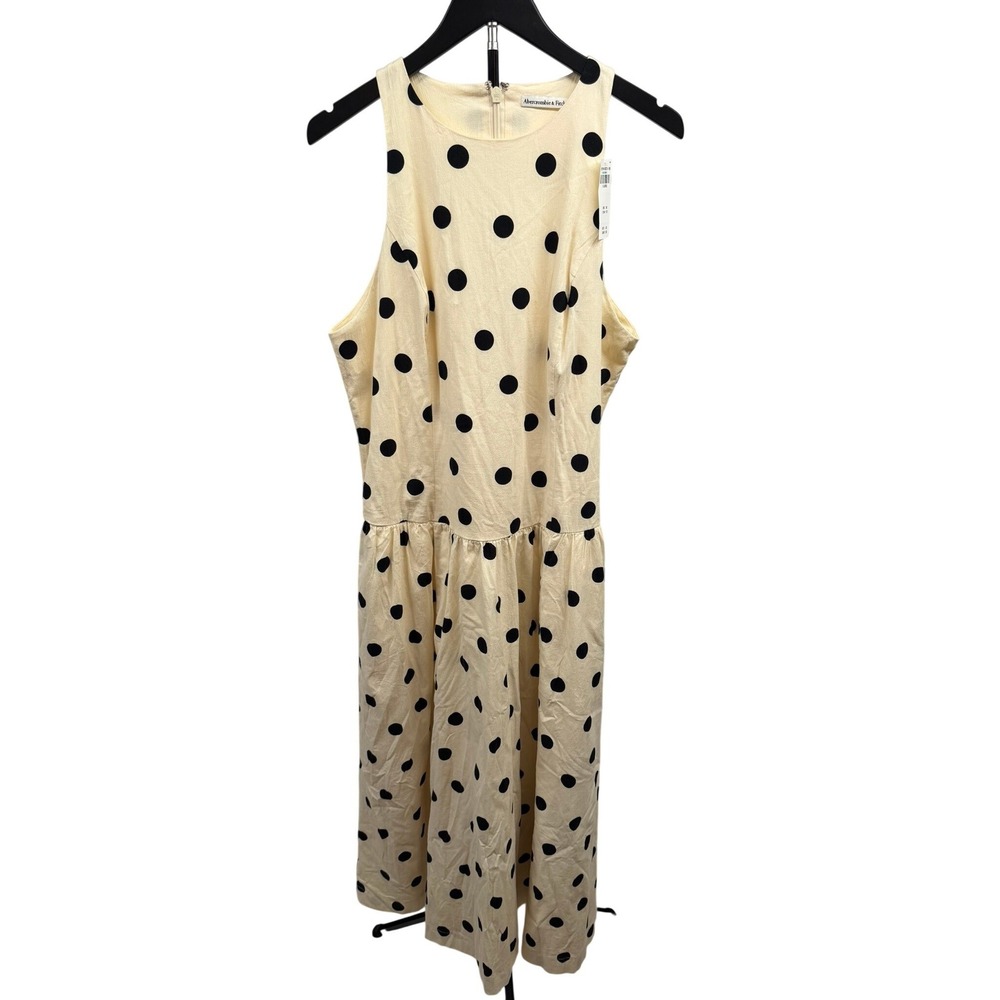 Abercrombie & Fitch NEW XL High Neck Drop Waist Midi Dress in Black Polka Dot - Picture 3 of 9